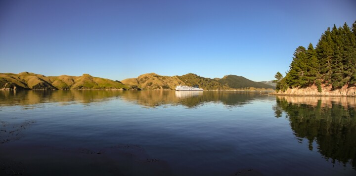 Interislander Kaiarahi Gliding past Thoms Bay exiting the Tory Channel wide RP436