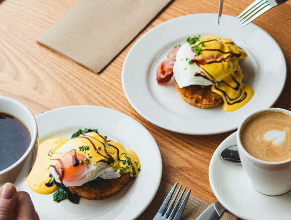 Coffee and eggs benedict